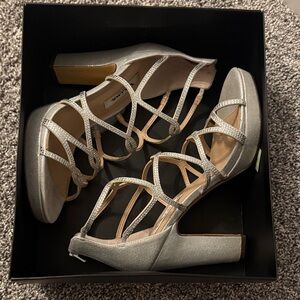 Nina Sassie-fy Silver Strappy Block Heels- Women’s 9M